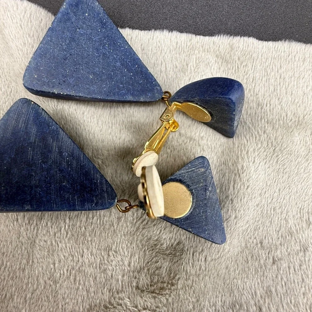 Estate Jewelry Set Blue Necklace Clip On Earrings Geometric Layered 34